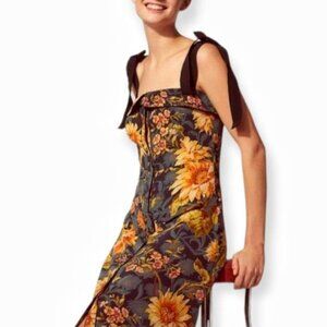 Sandro Sunset Silk Sunflower Print Midi Dress Snap Front FR34 USXS